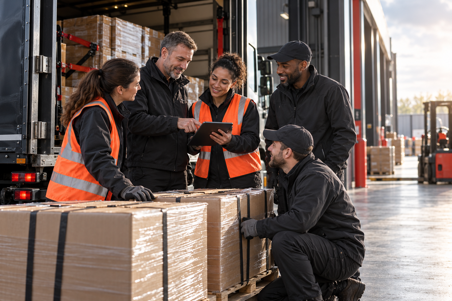 Illustration d'une équipe de professionnels collaborant dans une zone logistique